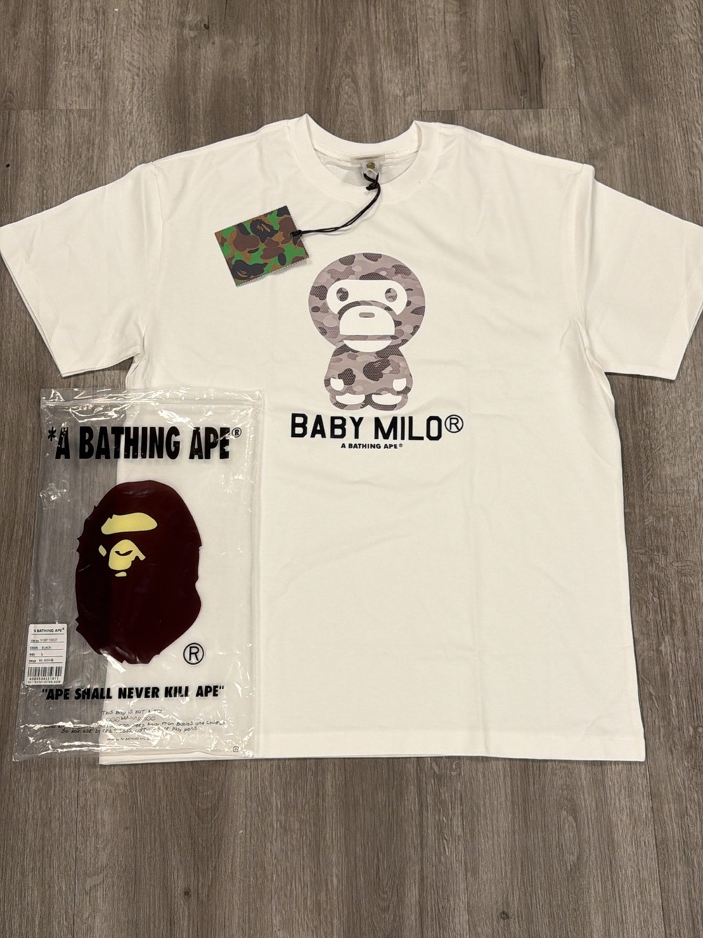 Bape Baby Milo White Tee with Gray Camo Graphic